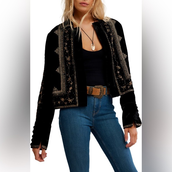 Free People Jackets & Blazers - Free People Maxxie Bead Detail Velvet Jacket Black and Gold NWT $268